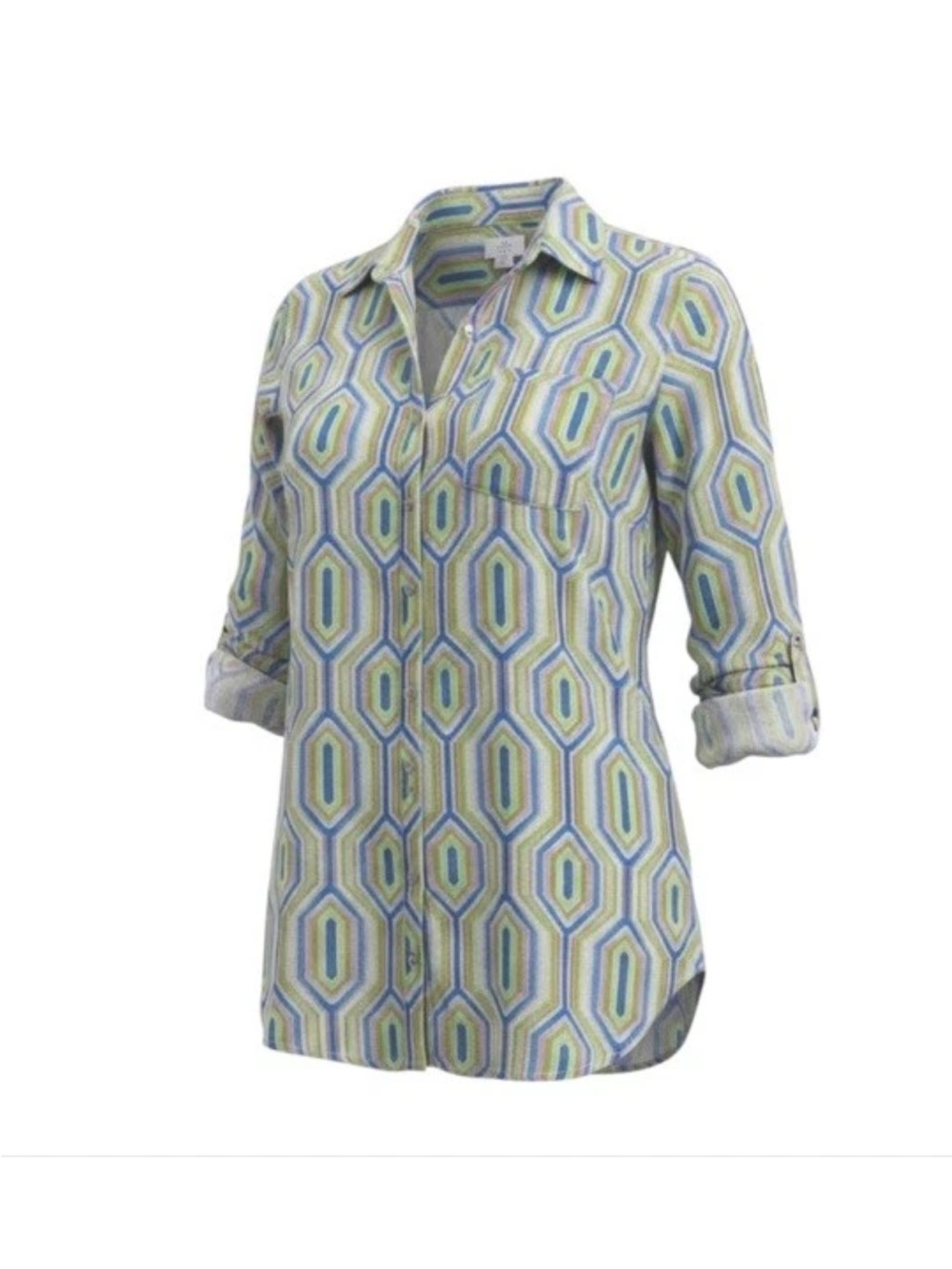 Sigrid Olsen Womens Medium Linen Button Down Shirt Geometric Roll Tab Multicolor